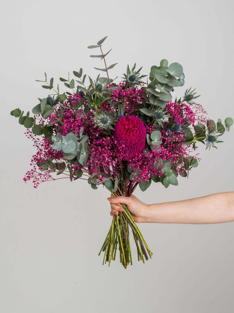 Photo by Dominyka Ambrozeviciute 1 22413 scaled - Flowers and Lovers Bouquet with eucalyptus, bright pink gypsophila and eryngium